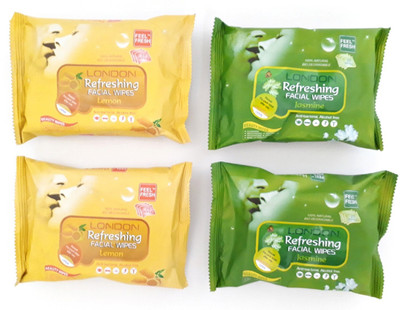 

LONDON Refreshing FACIAL WIPES 100% NATURAL, HYGENIC & REFRESHING PACK OF 4 [ 2 JASMINE + 2 LEMON ] 25 WET WIPES PER PACK(Pack of 25)