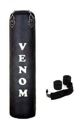 

Venom 7.0 Feet Long, PU, Black Color, Unfilled with Hanging Chain and 9 Freet Long Black Color Hand Wrap Pair Boxing Kit