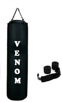 

Venom 7.0 Feet Long, CANVAS, Black Color, Unfilled with Hanging Chain and 9 Freet Long Black Color Hand Wrap Pair Boxing Kit