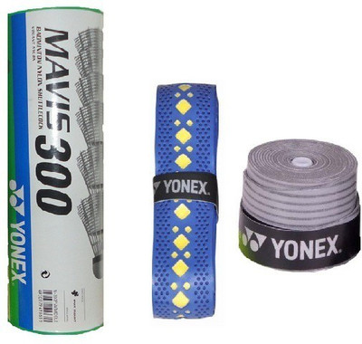 

Yonex Combo of two- One 'Mavis 300' Nylon Shuttle cock (Pack of 6) and Two Badminton Grip (Color On Availability)- Badminton Kit