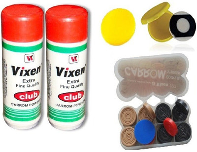 

Vixen Combo of Five- Two 'Club' carrom Powder , Two Carrom Striker, and One Box 'Carrom Men 777' Coins- Board Game