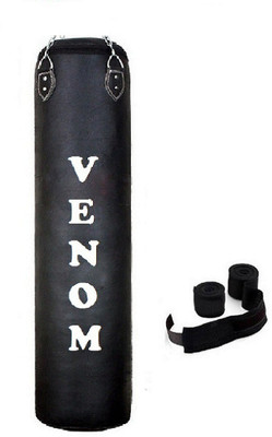 

Venom 6.0 Feet Long, PU, Black Color, Unfilled with Hanging Chain and 9 Freet Long Black Color Hand Wrap Pair Boxing Kit