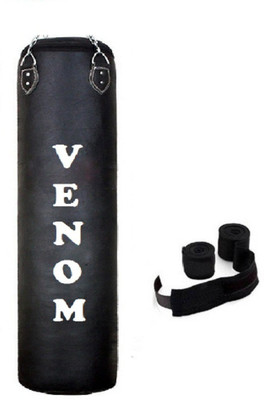 

Venom 2.5 Feet Long, PU, Black Color, Unfilled with Hanging Chain and 9 Freet Long Black Color Hand Wrap Pair Boxing Kit
