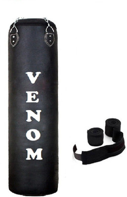 

Venom 1.5 Feet Long, PU, Black Color, Unfilled with Hanging Chain and 9 Freet Long Black Color Hand Wrap Pair Boxing Kit