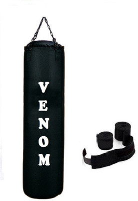 

Venom 3.5 Feet Long, CANVAS, Black Color, Unfilled with Hanging Chain and 9 Freet Long Black Color Hand Wrap Pair Boxing Kit