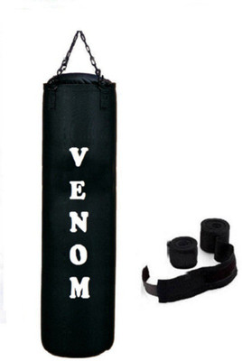 

Venom 5.0 Feet Long, CANVAS, Black Color, Unfilled with Hanging Chain and 9 Freet Long Black Color Hand Wrap Pair Boxing Kit
