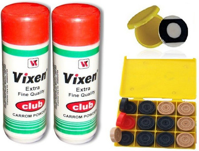 

Vixen Combo of Four- Two 'Club' carrom Powder , One Carrom Striker and One Box 'Carrom Men 888' Coins- Board Game