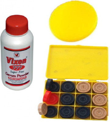 

Vixen Combo of Three- One 'Vixen 777' carrom Powder , One Carrom Striker and One Box 'Carrom Men 888' Coins- Board Game
