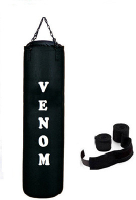 

Venom 4.5 Feet Long, CANVAS, Black Color, Unfilled with Hanging Chain and 9 Freet Long Black Color Hand Wrap Pair Boxing Kit