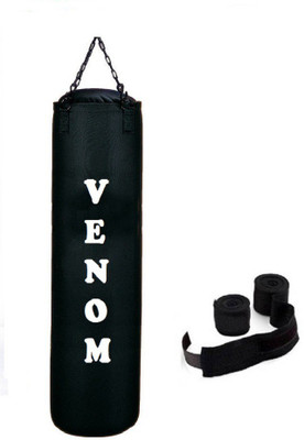 

Venom 2.0 Feet Long, CANVAS, Black Color, Unfilled with Hanging Chain and 9 Freet Long Black Color Hand Wrap Pair Boxing Kit