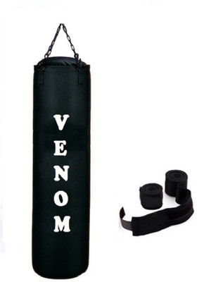 

Venom 2.5 Feet Long, CANVAS, Black Color, Unfilled with Hanging Chain and 9 Freet Long Black Color Hand Wrap Pair Boxing Kit