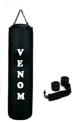 

Venom 5.5 Feet Long, CANVAS, Black Color, Unfilled with Hanging Chain and 9 Freet Long Black Color Hand Wrap Pair Boxing Kit