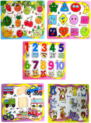 

Wishkey Wooden Educational Colorful Fruits,Numbers,Geometric Shapes,Animals,Vehicles Set of 5 Puzzle board(Multicolor)