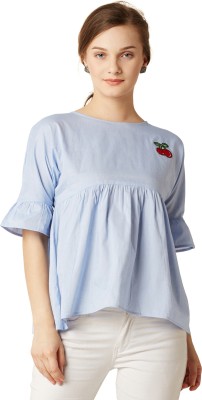 Miss Chase Casual Half Sleeve Solid Women Light Blue Top