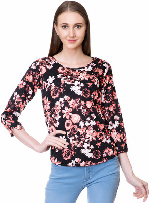 Emeros Casual 3/4 Sleeve Floral Print Women Black Top