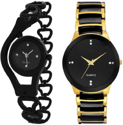 Varni Fashion Latest Black Chain Women With Gold Men Stylish Couple Combo Wrist Watch For Couple couple watch Analog Watch - For Couple