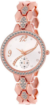 HN Enterprise LR215 Rose Gold Metal Diamond Studed Pattern Bracelet Watch - For Women