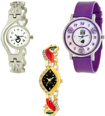 Skmi Silver Chain Golden Kundan And Pu Strap Designer 011 Combo For Women And Girls Watch - For Girls