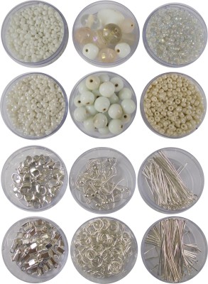 estore handmade handcrafted glass bead / seed bead complete set for jewelry making with metal fittings & finding, keel, kunda, jump ring, lobster clasp closure, glass beads seed beads diy kit (white)