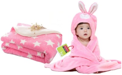 BRANDONN Printed Single Hooded Baby Blanket for  AC Room(Polyester, Pink)