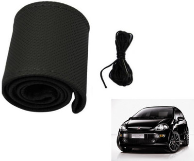 MOCKHE Hand Stiched Steering Cover For Fiat Punto Evo(Black, Leatherite)