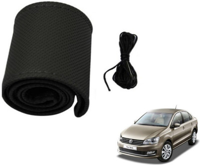 MOCKHE Hand Stiched Steering Cover For Volkswagen Vento(Black, Leatherite)