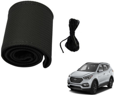 MOCKHE Hand Stiched Steering Cover For Hyundai SantaFe(Black, Leatherite)