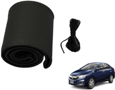 MOCKHE Hand Stiched Steering Cover For Honda New City(Black, Leatherite)