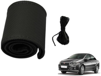 MOCKHE Hand Stiched Steering Cover For Fiat Linea(Black, Leatherite)