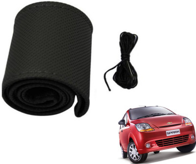 MOCKHE Hand Stiched Steering Cover For Chevrolet Spark(Black, Leatherite)