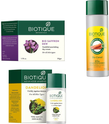 

BIOTIQUE BIO Bio Saffron Dew Youthful Nourishing Day Cream, Bio Dandelion Ageless Lightening Serum, Bio Carrot 40+ Spf Sunscreen Ultra Soothing Face Lotion(Set of 3)