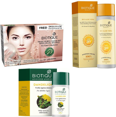 

BIOTIQUE BIO Bio Pearl White Facial Kit, Bio Dandelion Ageless Lightening Serum, Bio Aloe Vera Ultra Soothing Face Lotion SPF 30 UVA/UVB Sunscreen(Set of 3)