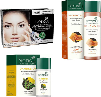 

BIOTIQUE BIO Bio Diamond Facial Kit, Bio Dandelion Ageless Lightening Serum, Bio Honey Gel Refreshing Foaming Face Cleanser For All Skin Types(Set of 3)