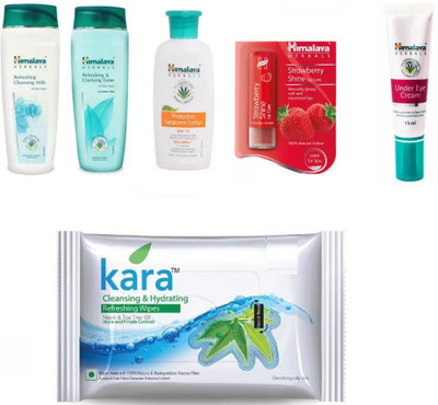 

Himalaya under eye cream, toner, refreshing cleansing milk, sunscreen lotion, strawberry lip balm, kara skin care wipes(Set of 6)