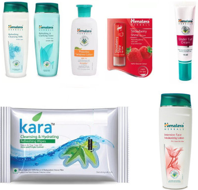 

Himalaya under eye cream, toner, refreshing cleansing milk, sunscreen lotion, strawberry lip balm, kara skin care wipes, intensive face moisturzing lotion(Set of 7)