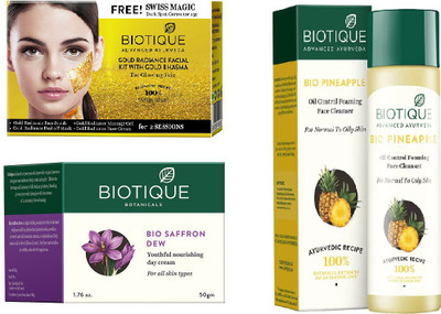 

BIOTIQUE BIO Gold Radiance Facial Kit, Bio Saffron Dew Youthful Nourishing Day Cream, Bio Pineapple Oil Control Face Cleanser For Normal To Oil Skin(Set of 3)