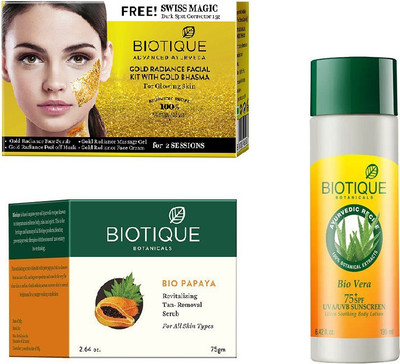 

BIOTIQUE BIO Gold Radiance Facial Kit, Bio Papaya Revitalizing Tan Removal Scrub, Bio Vera 75+ Spf Sunscreen Ultra Soothing Body Lotion(Set of 3)