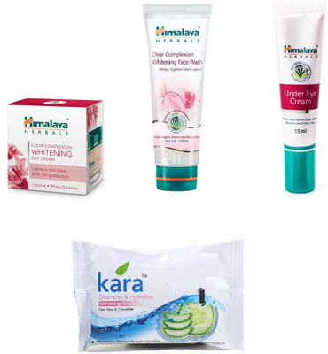 

Himalaya Clear Complexion Whitening Day Cream, Clear Complexion Whitening Face Wash , under eye cream, kara cleansing and hydrating wipes(Set of 4)