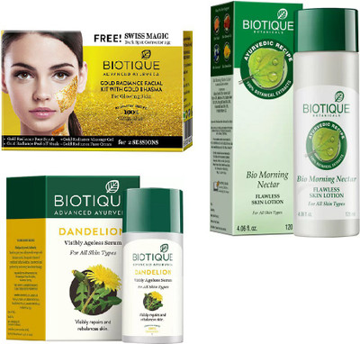 

BIOTIQUE BIO Gold Radiance Facial Kit, Bio Dandelion Ageless Lightening Serum, Bio Morning Nectar Flawless Skin Lotion For All Skin Types(Set of 3)