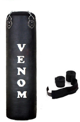 

Venom 4.5 Feet Long, PU, Black Color, Unfilled with Hanging Chain and 9 Freet Long Black Color Hand Wrap Pair Boxing Kit