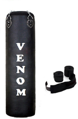 

Venom 4.0 Feet Long, PU, Black Color, Unfilled with Hanging Chain and 9 Freet Long Black Color Hand Wrap Pair Boxing Kit