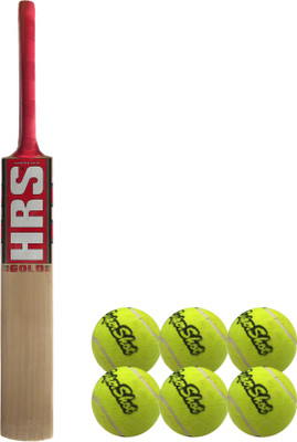 

HRS Basics Cricket Set - Gold Kashmir Willow Cricket Bat (Size 4) And Pack Of 6 Supershot Cricket Tennis Ball Cricket Kit