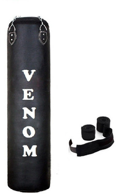 

Venom 8.0 Feet Long, PU, Black Color, Unfilled with Hanging Chain and 9 Freet Long Black Color Hand Wrap Pair Boxing Kit