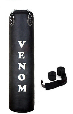 

Venom 6.5 Feet Long, PU, Black Color, Unfilled with Hanging Chain and 9 Freet Long Black Color Hand Wrap Pair Boxing Kit