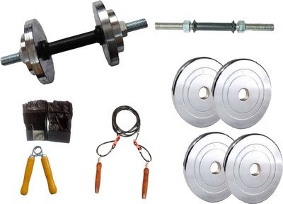 

L'AVENIR 8KG STEEL PLATES(3kg*2 + 1kg*2) + 1 ROD ADJUSTABLE DUMBBELL (Single Piece) with GLOVES, HAND GRIPPER & SKIPPING ROPE Gym & Fitness Kit