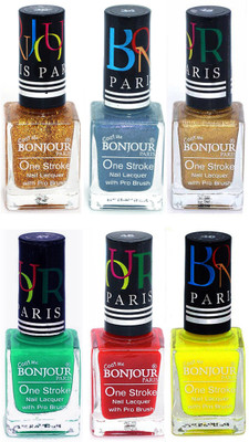 

Bonjour Paris Candy Color Long Lasting Nail paint For Teen Girls Women Nail Polish set A 348 Golden-Sky Blue-Golden-Green-Red-Yellow(Pack of 6)
