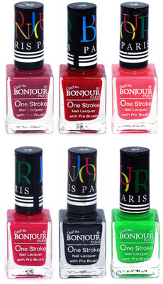 

Bonjour Paris Candy Color Long Lasting Nail paint For Teen Girls Women Nail Polish set A 179 Mauve-Red-Light Pink-Pink-Black-Neon Green(Pack of 6)