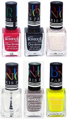 

Bonjour Paris Candy Color Long Lasting Nail paint For Teen Girls Women Nail Polish set A 231 Pink-Black-White-Top coat-Light Gray-Yellow(Pack of 6)