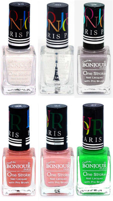 

Bonjour Paris Candy Color Long Lasting Nail paint For Teen Girls Women Nail Polish set A 259 White-Top coat-Light Gray-Nude-Nude-Neon Green(Pack of 6)