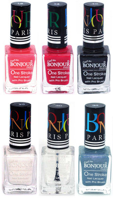 

Bonjour Paris Candy Color Long Lasting Nail paint For Teen Girls Women Nail Polish set A 209 Light Pink-Pink-Black-White-Top coat-Sky Blue(Pack of 6)